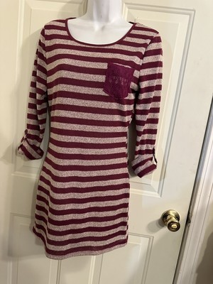 E&M Short Striped Sheath Dress Long Tab Sleeves Lace Bows Back Junior Sz M