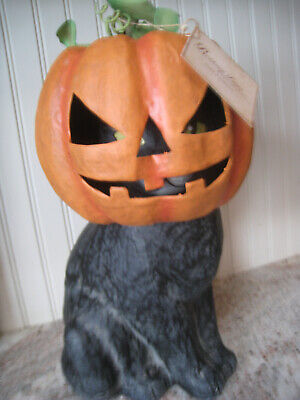 Bethany Lowe Black Cat Jack O Lantern Pumpkin Paper Mache Halloween Decor NEW
