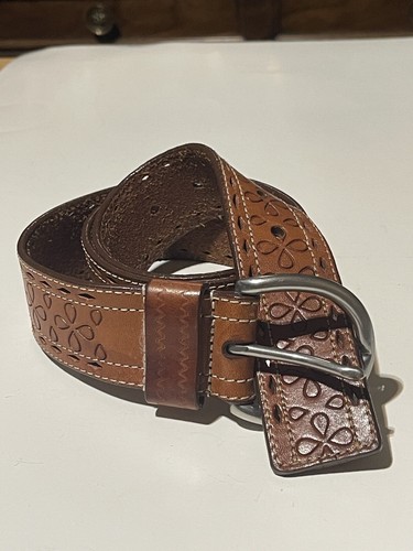 LAUREN RALPH LAUREN Genuine Leather Tooled Belt Silver