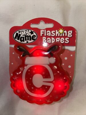 MY NAME FLASHING BADGES WITH initial C CHRISTMAS SANTA HAT Antlers Holiday Pin