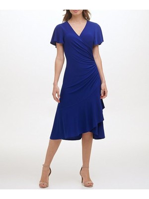 

KENSIE DRESSES Женское синее платье миди с рюшами и рукавами-крылышками и искусственным запахом, Синий