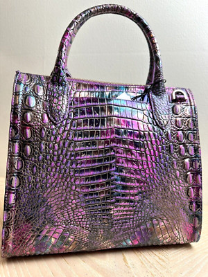 BRAHMIN LUSTROUS SMALL CAROLINE PURPLE TEAL CHARCOAL METALLIC LEATHER HANDBAG
