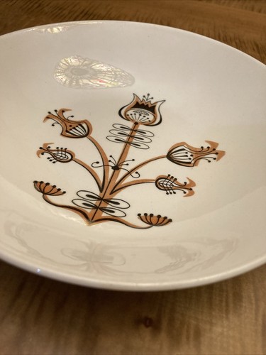 Retro Mid Century Round Serving Bowl 9 " Gold Black Leaf Flower Tree