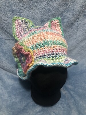 Pastel Blousy Beanie, Crochet Pussyhat Kitty Cat Hat with Flower, Extra Soft!