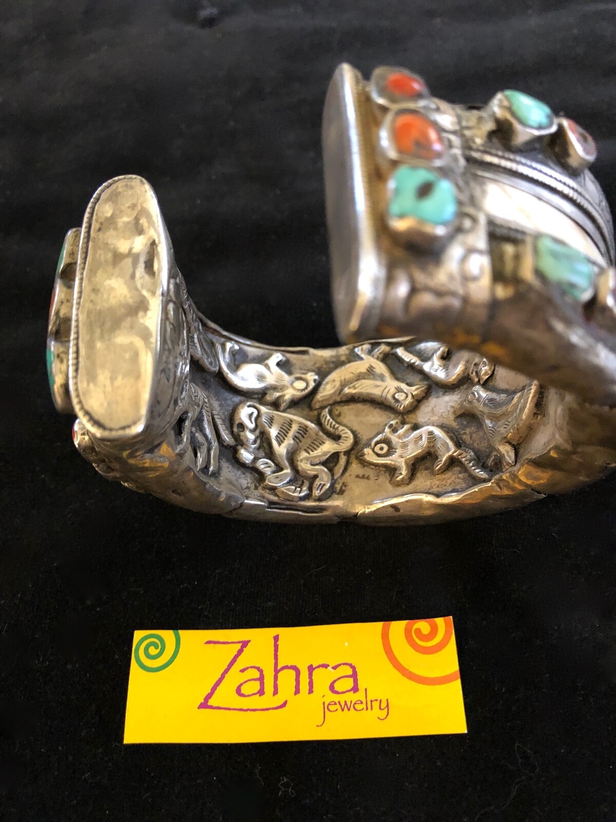 TIBETAN BONE CUFF WITH SILVER ENGRAVING, CORAL AND TURQUOISE