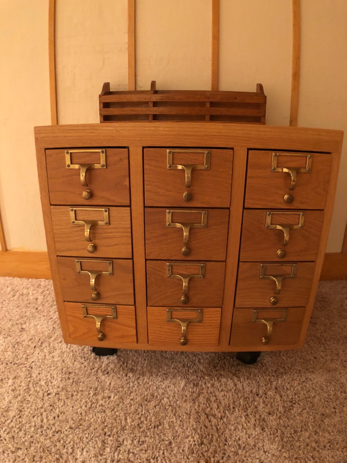 Vintage 12 Drawer Library Card Catalog Index File Cabinet Wood on wheels