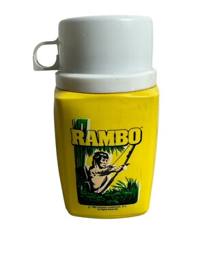 1985 Rambo Thermos Yellow White Sly Stallone Rambo First Blood Read Description