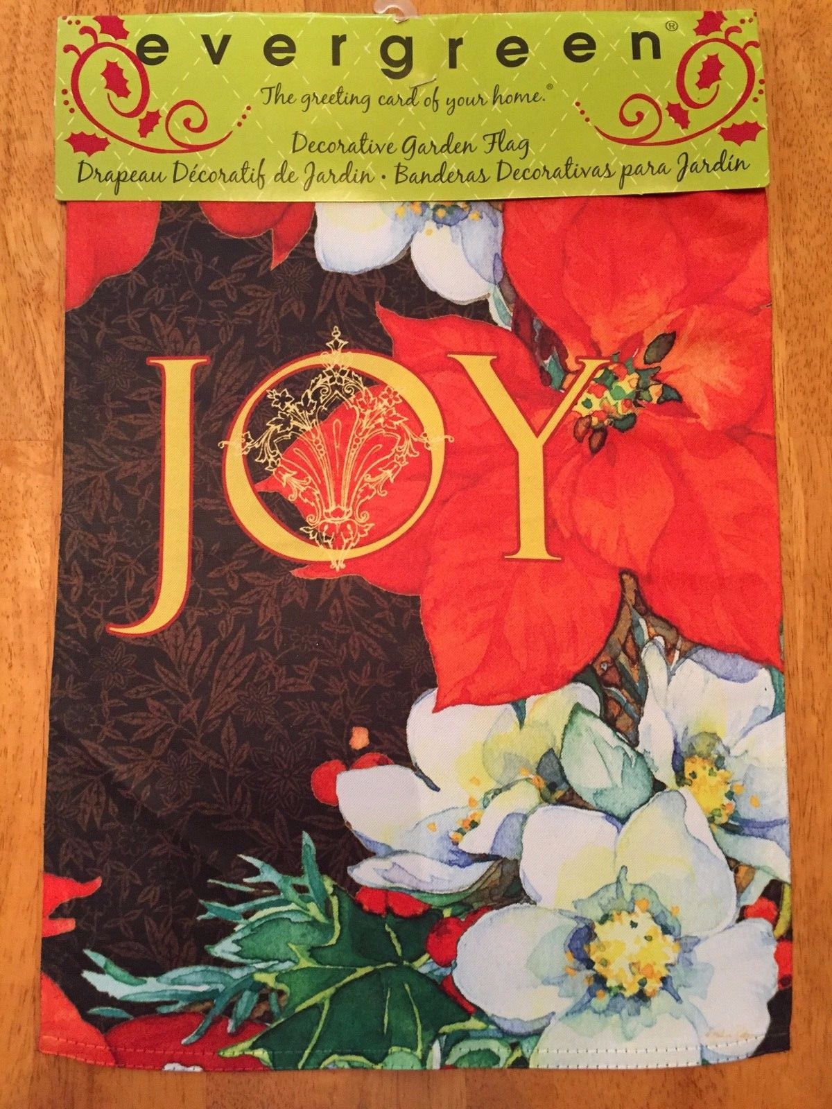 EVERGREEN DOUBLE SIDED GARDEN FLAG JOY POINSETTIAS CHRISTMAS FLAG 12.5 X 18. NIP