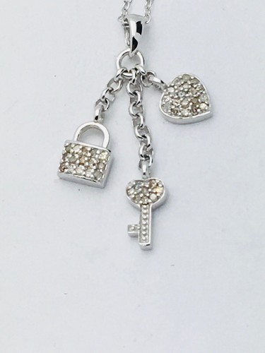 NEW 925 Sterling Silver Lock Key￼ Heart Necklace CZ Pendant