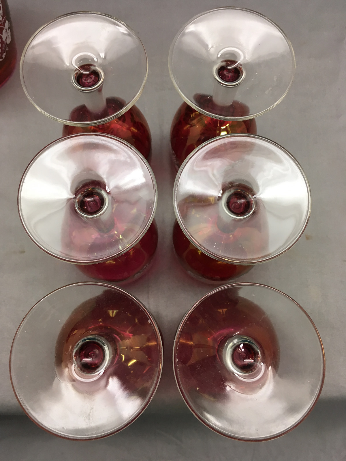 1940's Cranberry Flash Decanter Set 6 Wines Goblets Grape Clusters Stopper