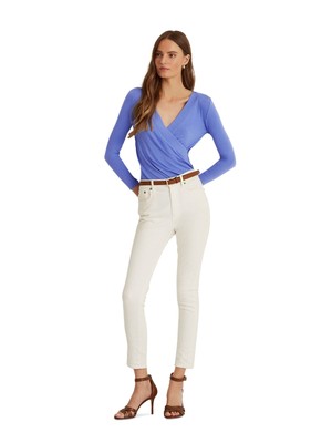 

RALPH LAUREN Женский синий топ с длинными рукавами и рюшами на вырезе горловины  RALPH LAUREN