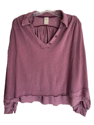 WE THE FREE *New* Womens Mauve Linen Blend Raw Edge Collared Cropped Henley Sz M
