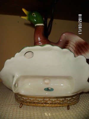 VINTAGE: MID CENTURY 1950's TV LAMP: MALLARD DUCK WITH BRASS BASE PLANTER