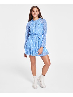 TRIXXI Womens Blue Belted Back Blouson Sleeve Short Fit + Flare Dress Juniors L