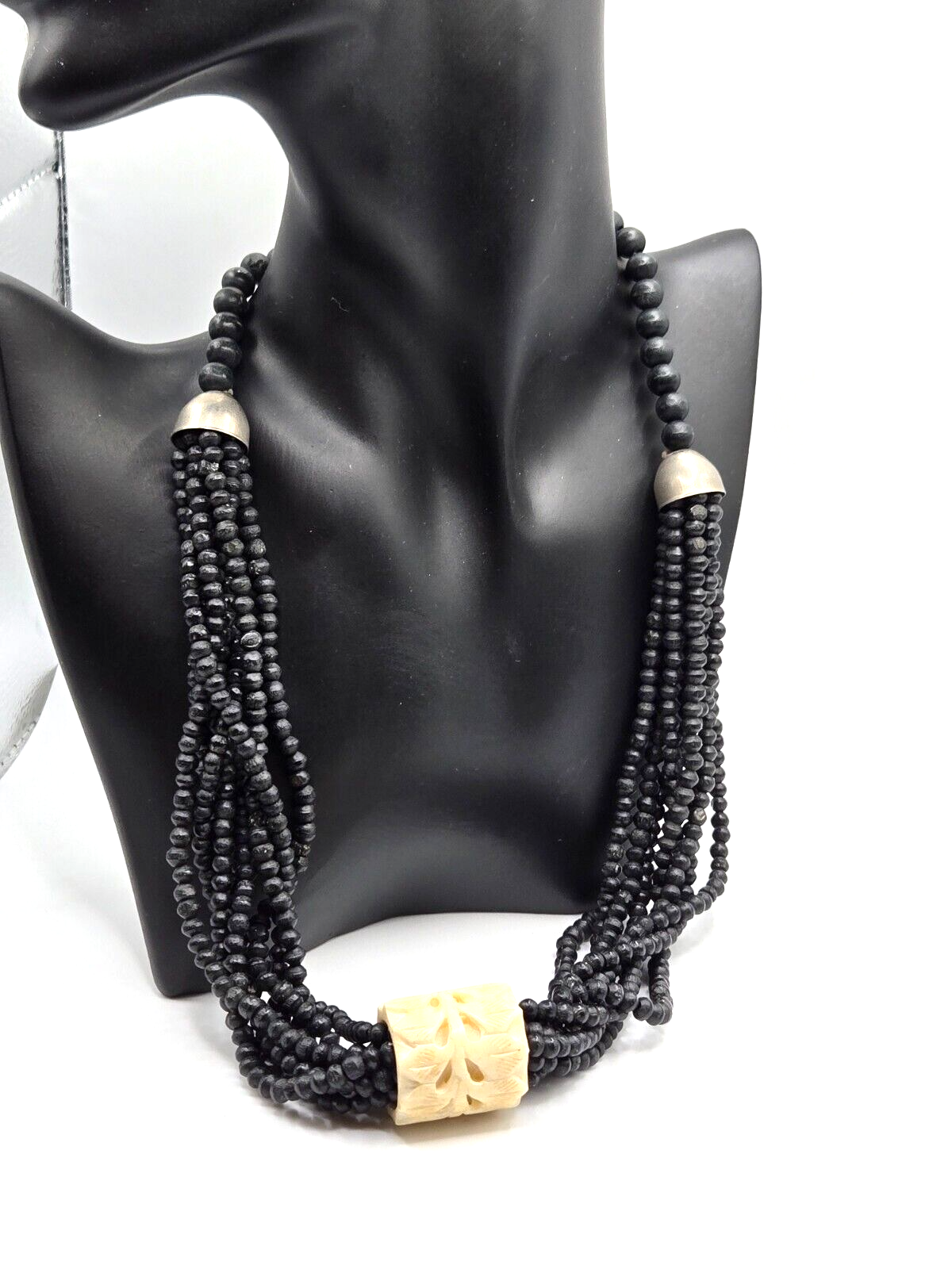 Vintage Black and carved bovine bone beaded necklace with silver caps