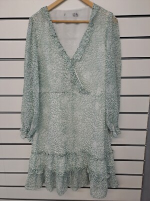 OASIS LADIES RUFFLED CHIFFON DRESS SAGE PRINT SIZE 16 (ref 38)