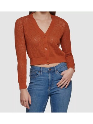CALVIN KLEIN Womens Orange Long Sleeve V Neck Crop Top Cardigan XS