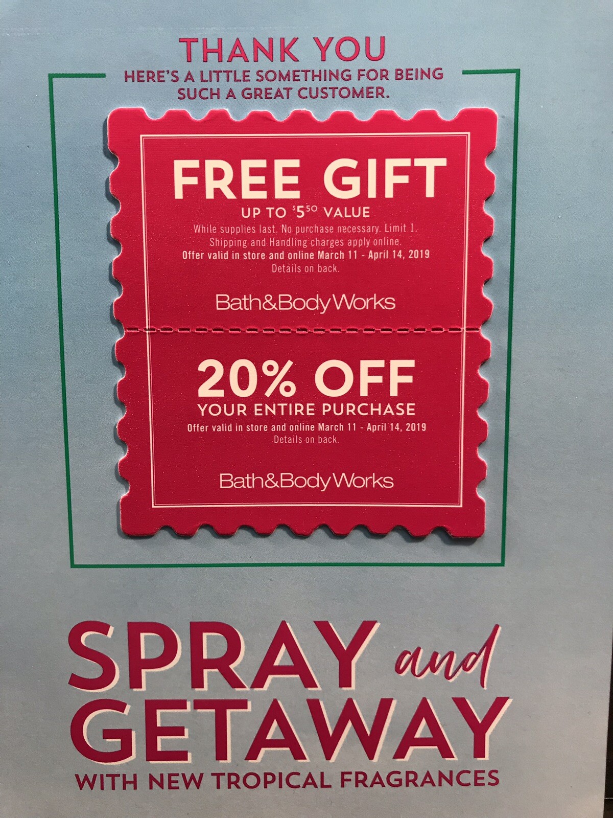2 BATH And BODY Works COUPONS ~ $5.50 GIFT + 20% OFF ENTIRE PURCHASE = Exp 4/14