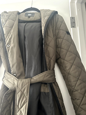 DKNY WOMEN'S HOODED LONG Lightweight PUFFER COAT JACKET(Green, Sz M ) NWOT