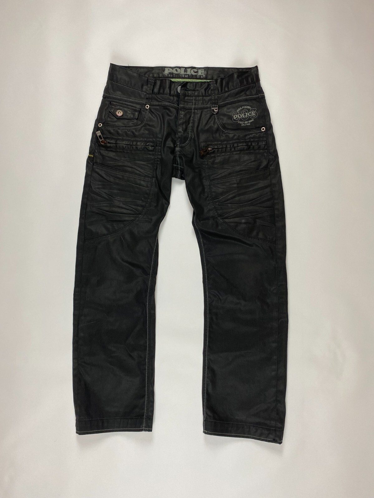 Vintage Police 883 Waxed Multipocket Denim Pants Y2K Avant Vintage Police 883 Waxed Multipocket Denim Pants Y2K Avant
