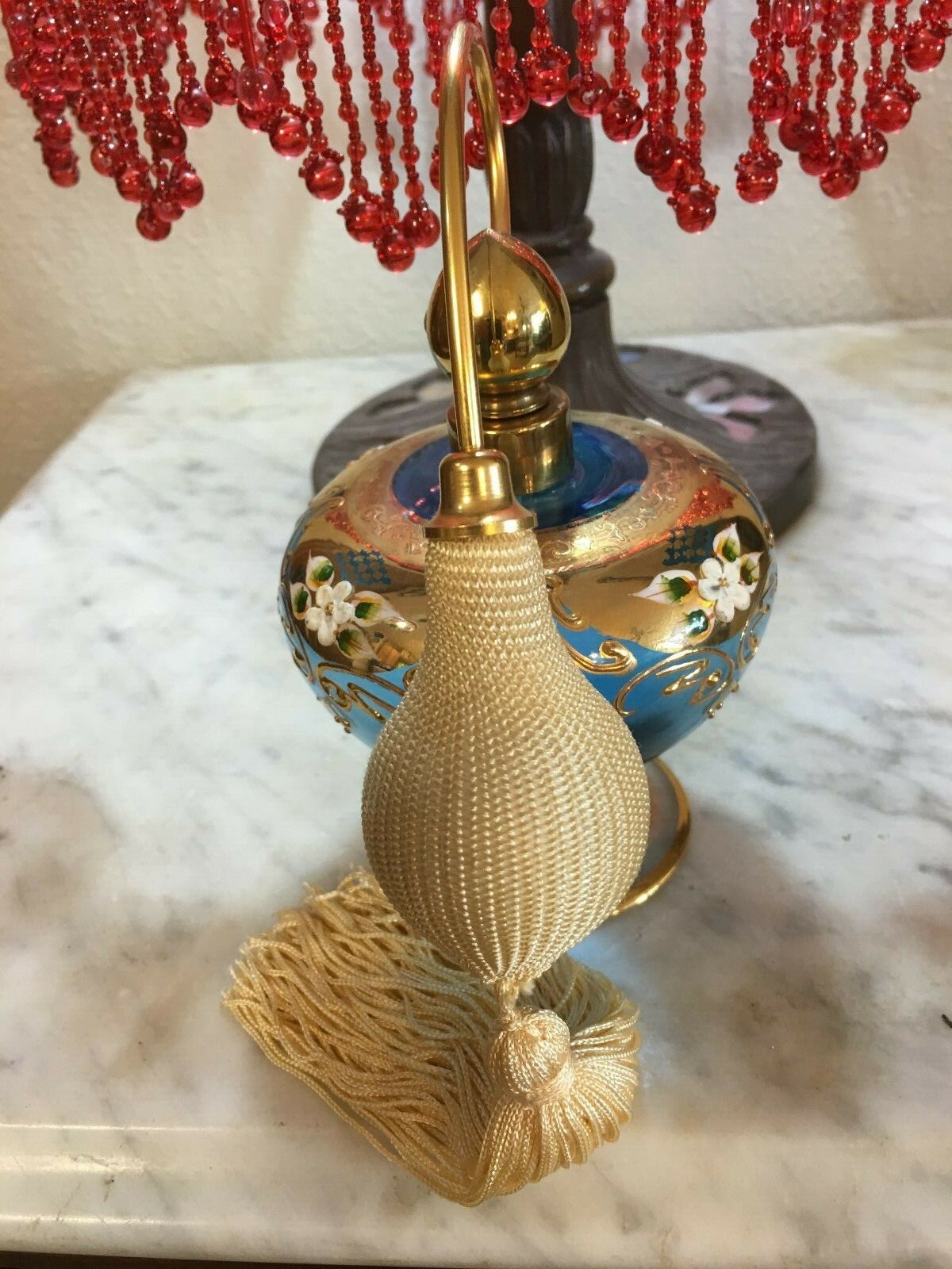 Victorian Blue Atomizer Perfume Bottle White,Green,Gold Enamel Flowers 6.5