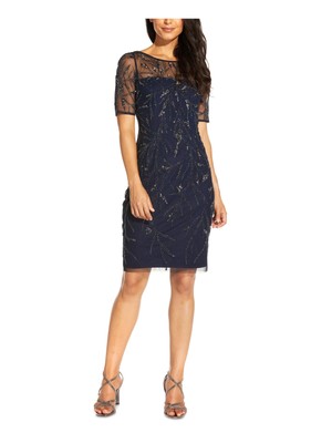 ADRIANNA PAPELL Womens Navy Lined Illusion Short Sleeve Sheath Dress 10