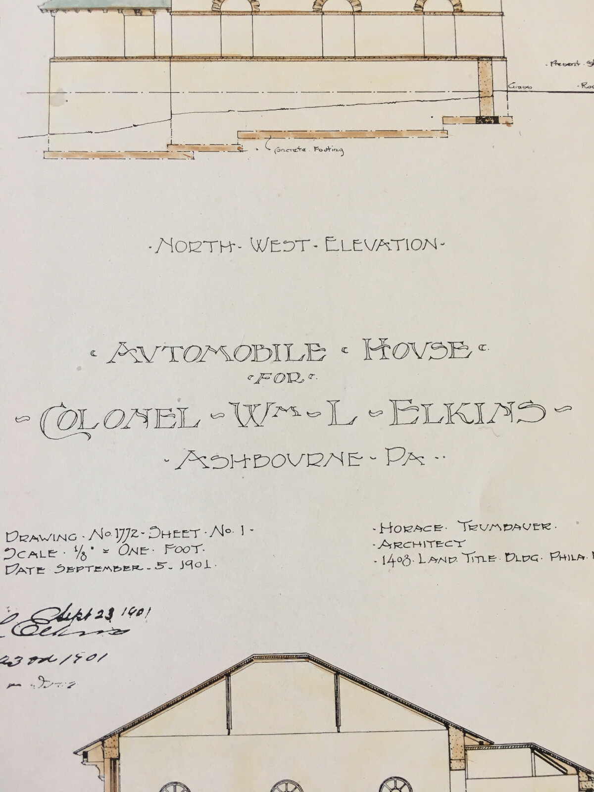 Colonel Elkins Automobile House, Ashbourne, PA, 1905, Original Hand Colored