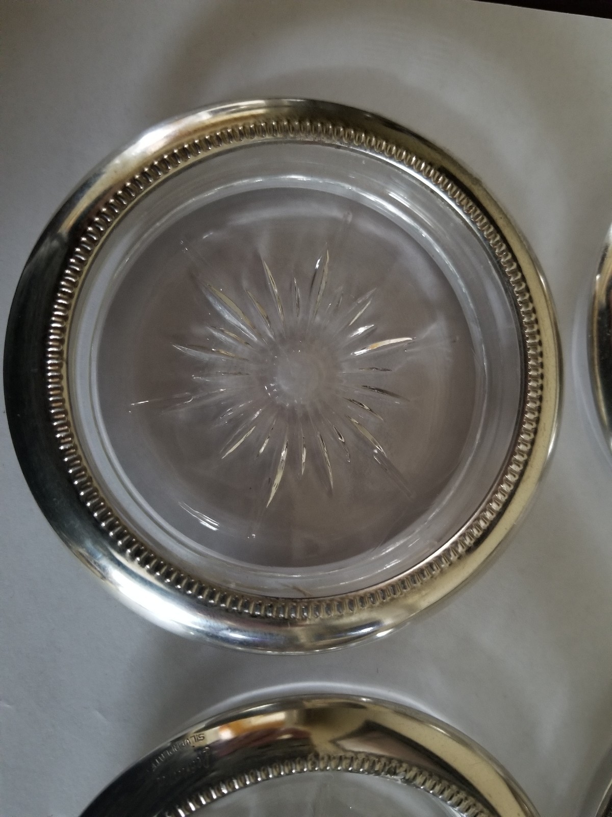 Vintage Pressed Glass Coasters Starburst Pattern Silver Plate Trim Set of Four