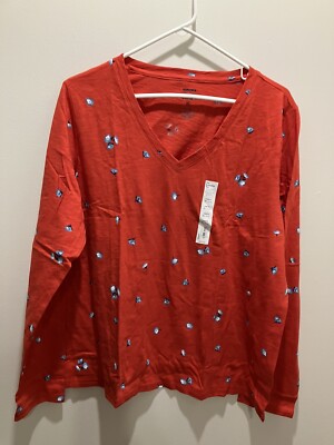 Sonoma Ladies XL The Everyday Tee Red With Blue Floral Print LS V  Neck Shirt