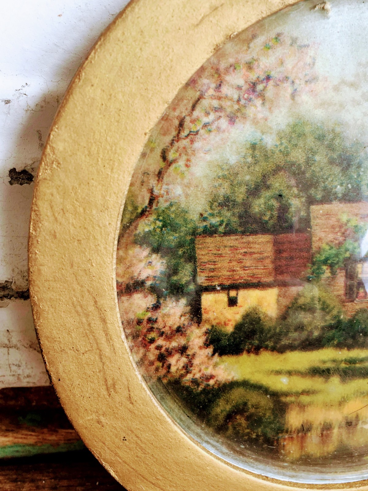 Antique Small Round Convex Glass Picture Cottage House Garden