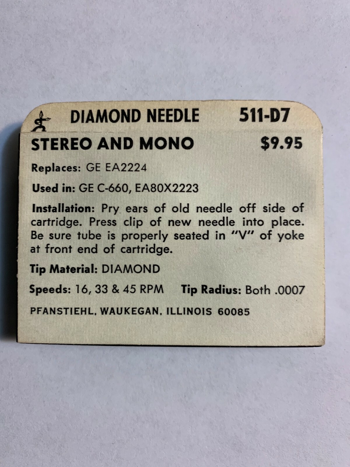 STEREO NEEDLE for GE C-660, EA80X2223 Replaces GD EA2224 CARTRIDGE 511-D7
