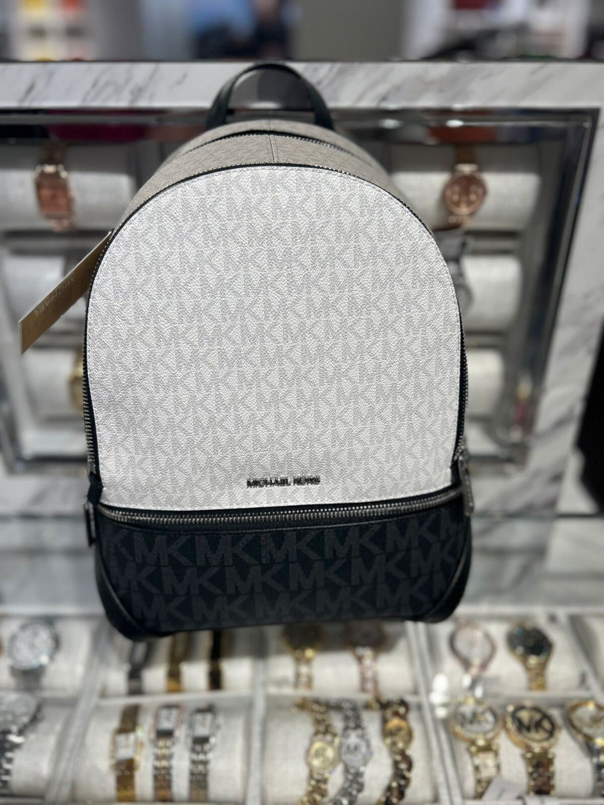 Michael Kors Rhea Medium Color-Block Signature Logo Backpack Optic