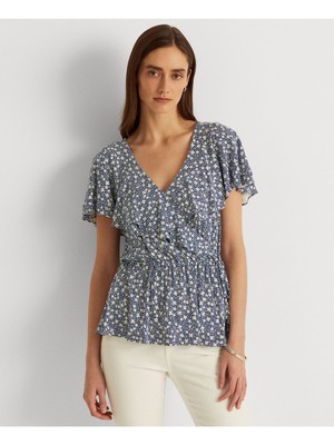 

RALPH LAUREN Женский синий топ с баской и завязками на крючках спереди, с развевающимися рукавами, размер