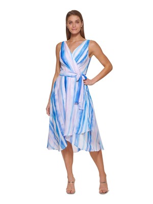 

Женское синее платье DKNY с завязками на талии и V-образным вырезом без рукавов с V-образным вырезом и искусственным запахом, Синий