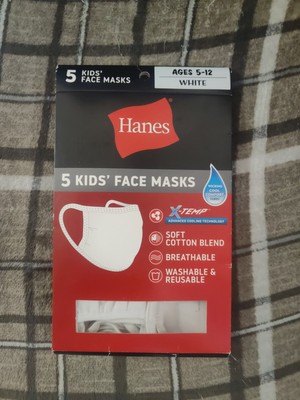 Hanes 5pk Face Masks 100% Cotton Reusable Washable Kids Ages 5-12 White