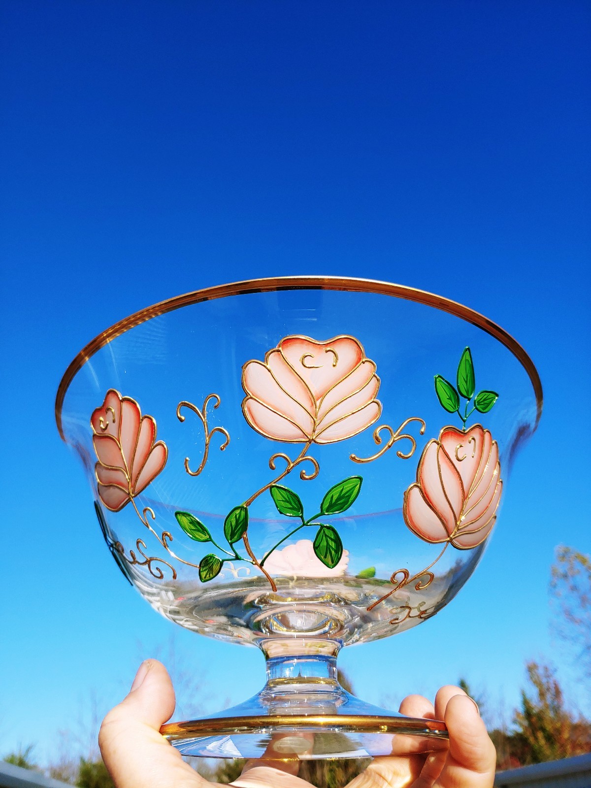 Vintage CRYSTAL CLEAR Romania Handpainted Pedestal Bowl Gold RARE UNIQUE ??j8