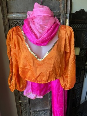 Orange and Gold Trim Slit-Sleeve Belly Dance Top Costume , Cosplay Large CUTE!