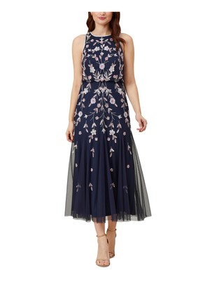 ADRIANNA PAPELL Womens Navy Lined Godet Insets Sleeveless Midi Blouson Dress 6