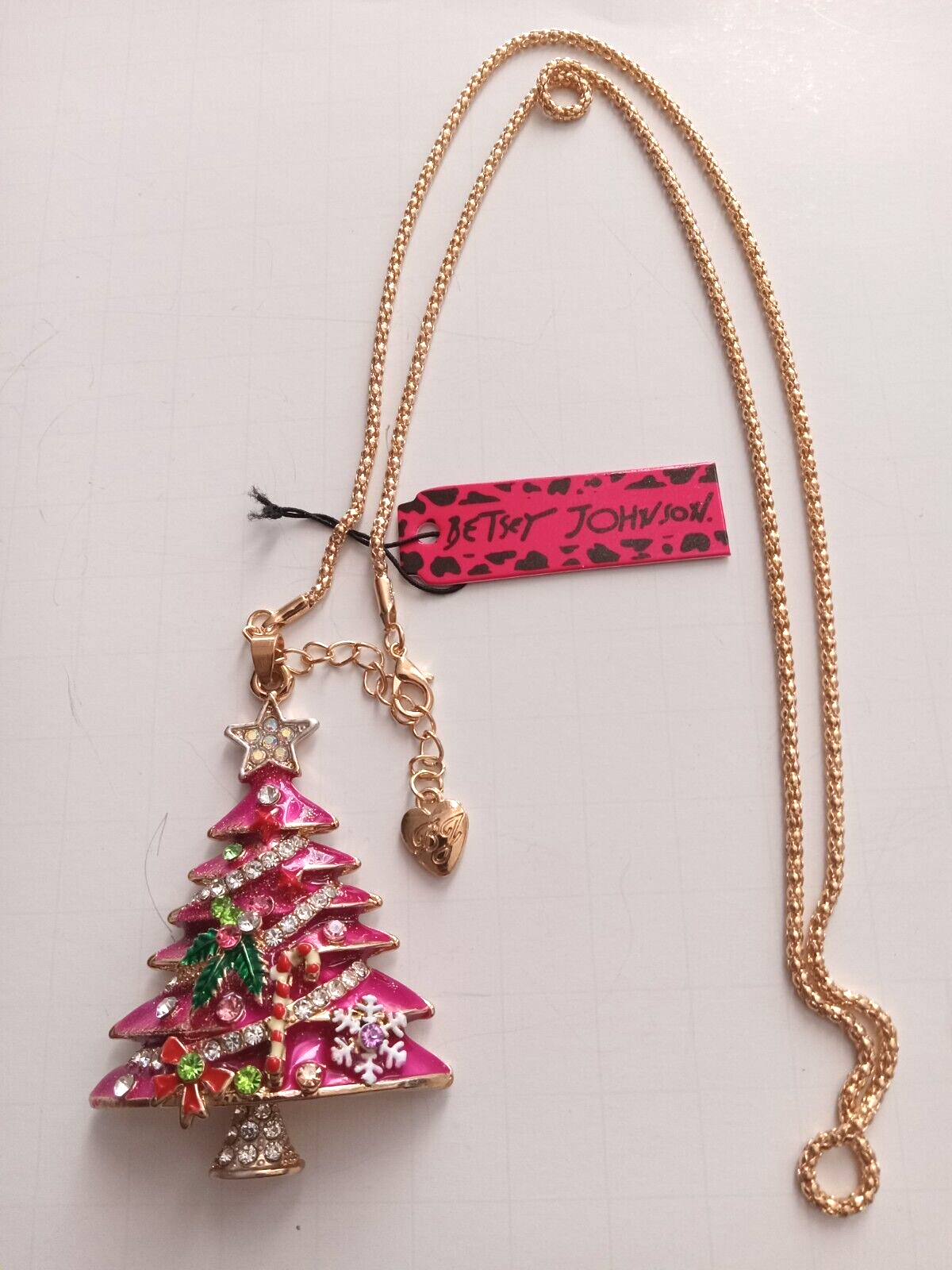 Betsey Johnson Rose Christmas Tree Crystal  Pendant Necklace purple velvet bag