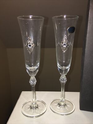 2 Franco Vetrerie Cristallerie Italian Rhinestone Wedding Champagne Flutes 