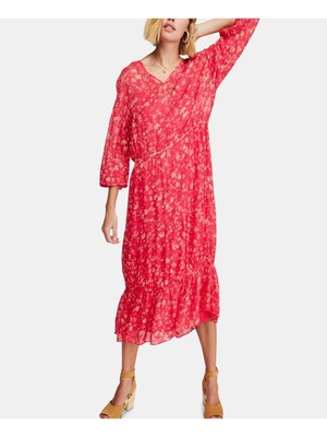

FREE PEOPLE Женское розовое платье с цветочным принтом и рукавами 3/4, V-образным вырезом, чайной длины, с заниженной талией, Розовый