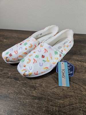 TOMS alpargata white metallic twill lucky Ladybug print slip on 8.5 Rainbow 