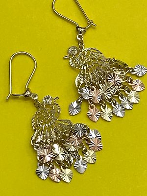 Pre-owned Handmade Gold Peacock Chandelier Earring 14k Solid Real Filigree Gypsy Long Dangle 2" In Multicolor