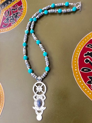 Turquoise and labradorite Tuareg Berber bohemian necklace.