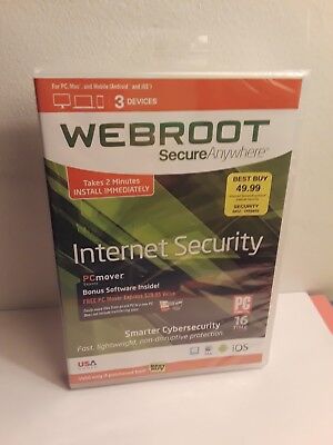 Webroot Secure Anywhere Internet Security 3 Devices (PC/Mac, 2015) New
