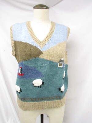 Vintage 80's Grazing Sheep Novelty Sweater Vest 100% Shetland Wool Size M