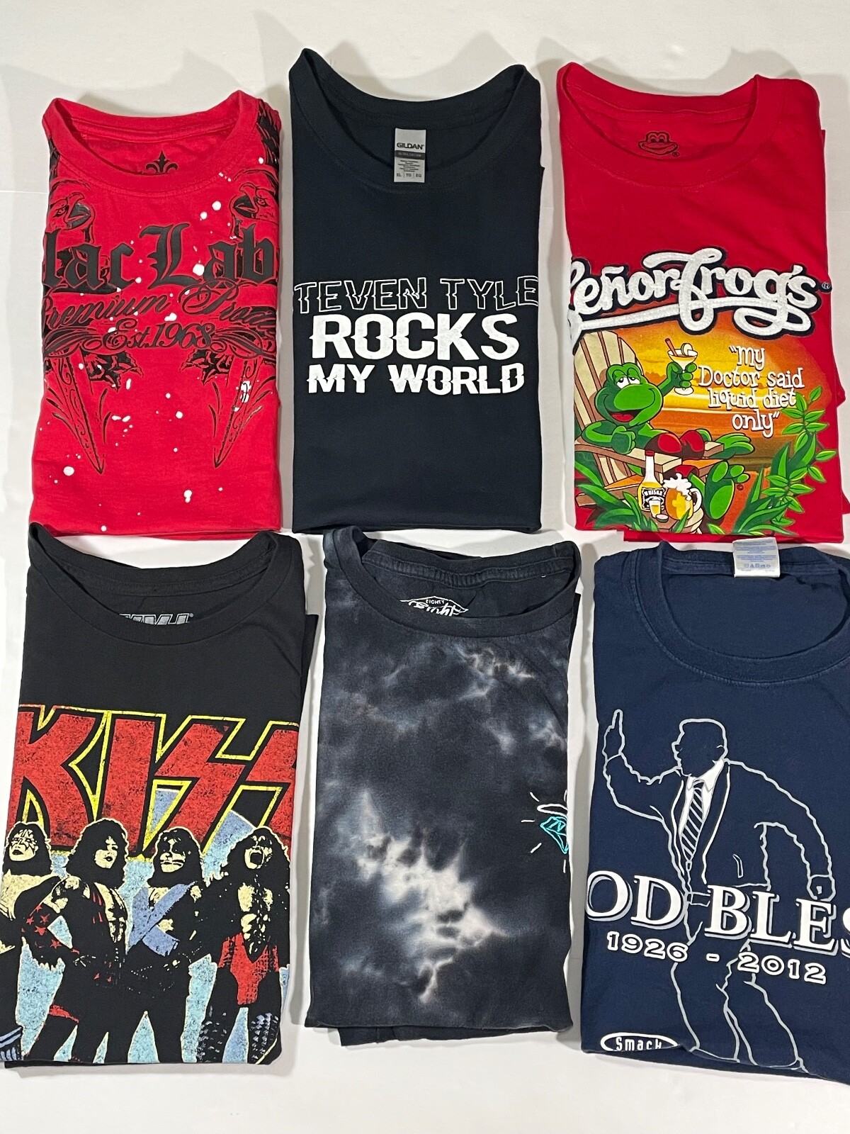 MEN'S T-SHIRTS S ZIZE X-LARGE LOT OF 6-BLACK LABEL, KISS