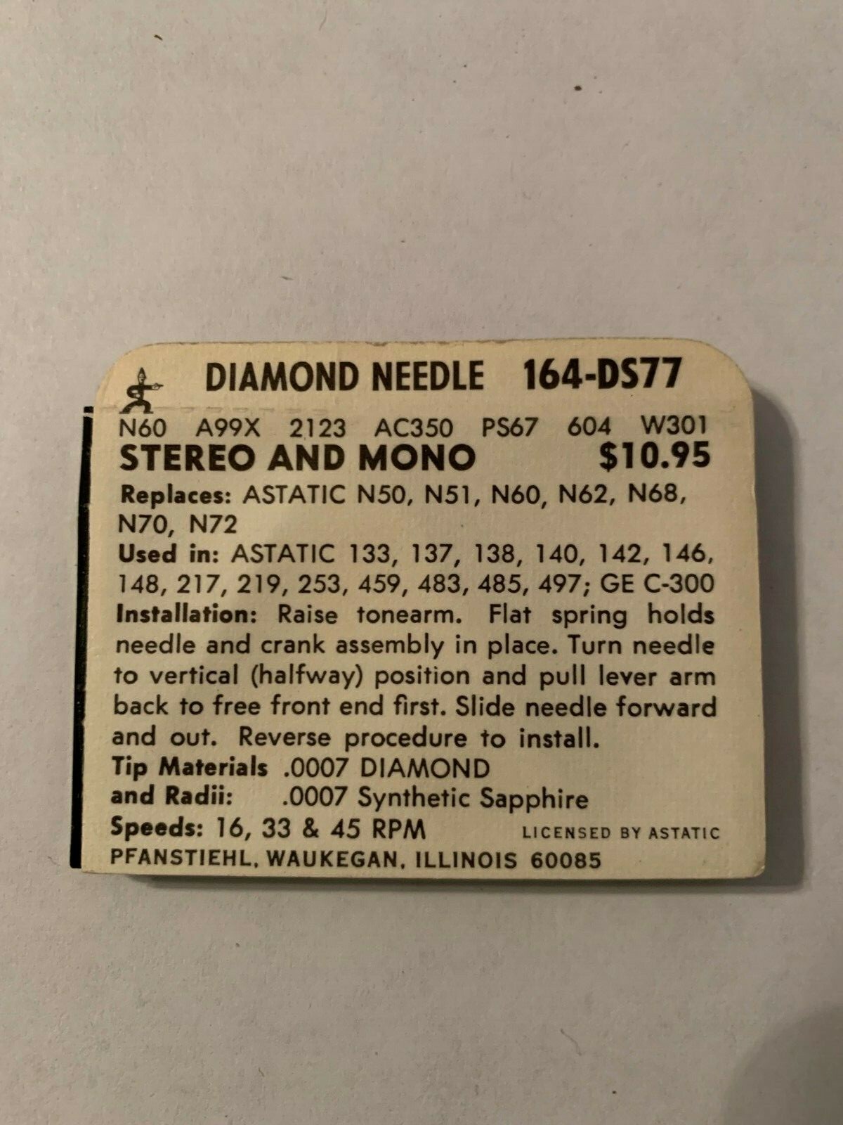 STEREO NEEDLE REPLACES ASTATIC N50, N51, N60, N62, N68, N70,  CARTRIDGE 164-DS77