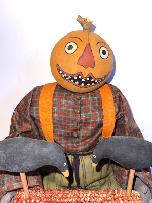 VINTAGE FOLK ART HALLOWEEN PUMPKIN BOY SITTING WITH BLACK CROWS. HAND MADE.