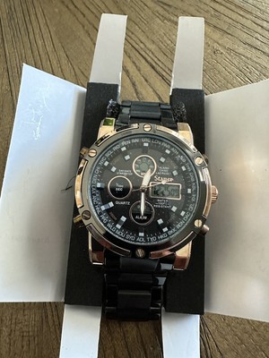 Stauer Due Volta Chronograph Watch Men 48mm Rose Gold Tone Black NWOT